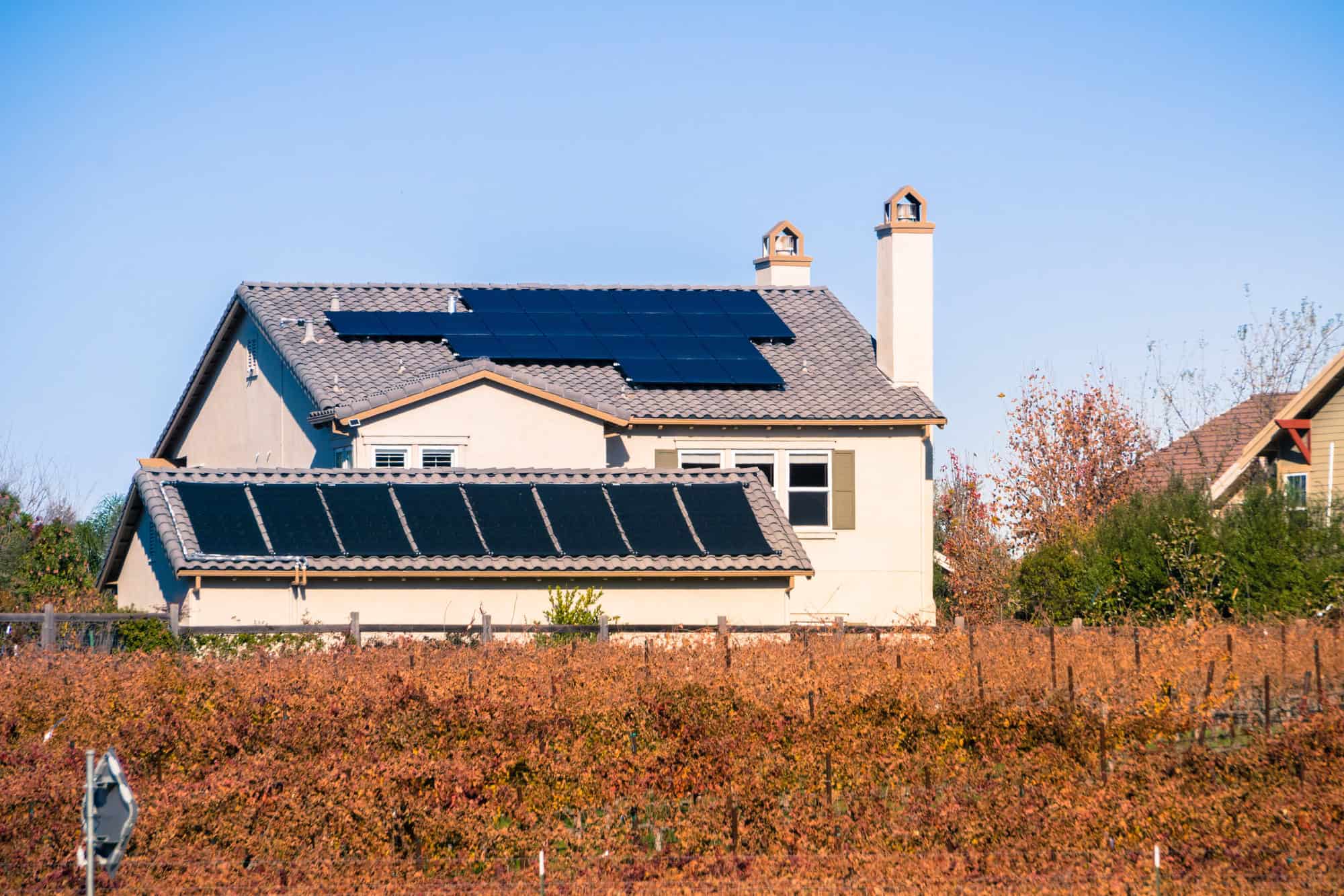 Solar panels on the rooftop of a residential building